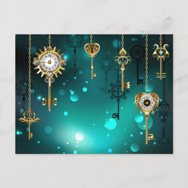Antique Skeleton Keys on Green Background Invitation Postcard (Front)