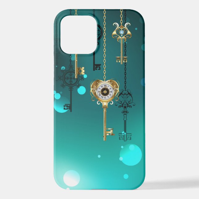 Antique Skeleton Keys on Green Background iPhone Case (Back)