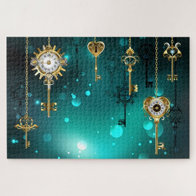 Antique Skeleton Keys on Green Background Jigsaw Puzzle (Horizontal)