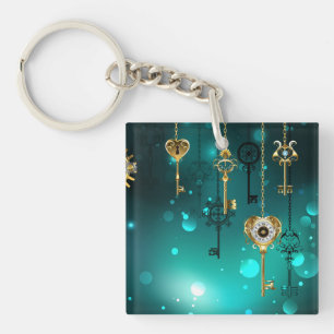 Antique Skeleton Keys on Green Background Keychain