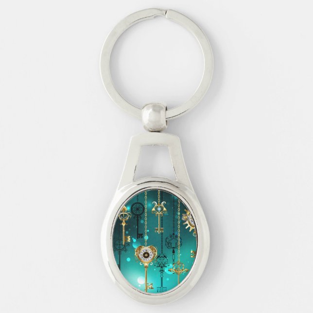 Antique Skeleton Keys on Green Background Keychain (Front)