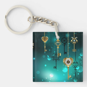 Antique Skeleton Keys on Green Background Keychain