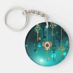 Antique Skeleton Keys on Green Background Keychain