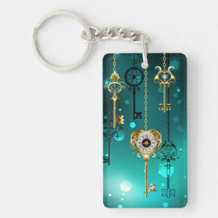 Antique Skeleton Keys on Green Background Keychain