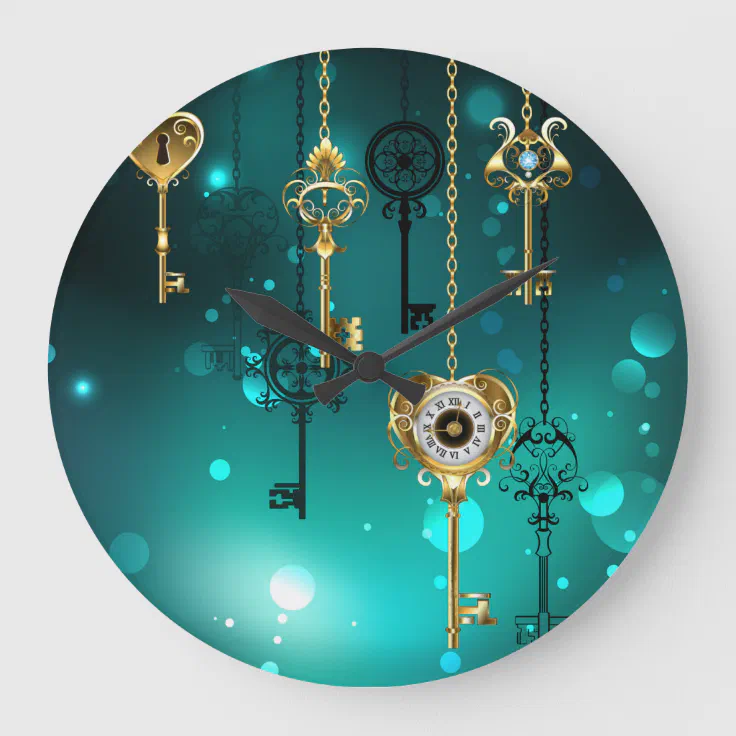 Antique Skeleton Keys on Green Background Large Clock Zazzle
