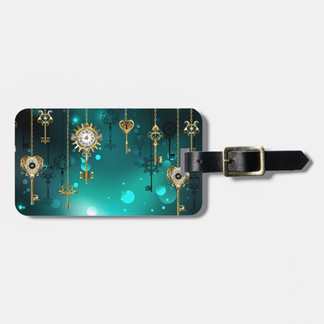 Antique Skeleton Keys on Green Background Luggage Tag (Front Horizontal)