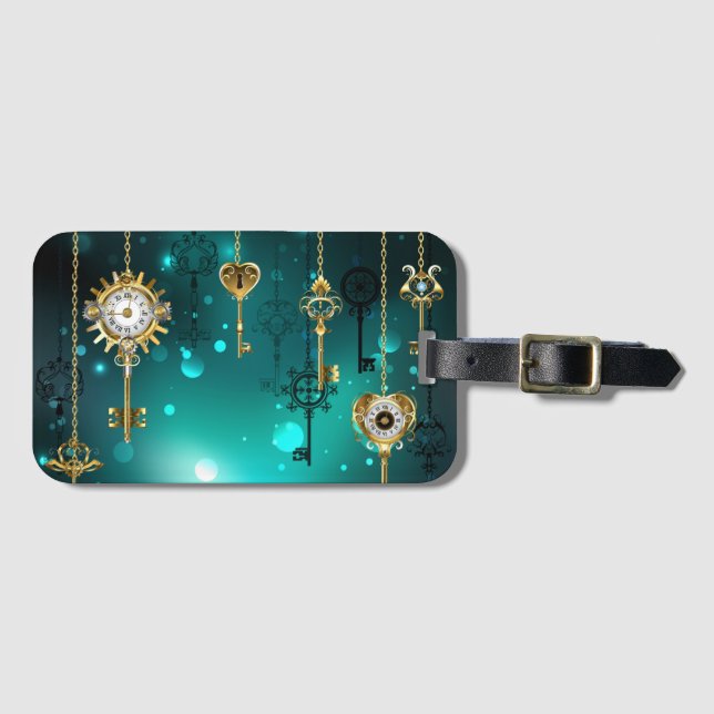 Antique Skeleton Keys on Green Background Luggage Tag (Front Horizontal)