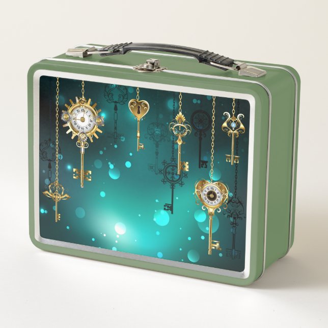 Antique Skeleton Keys on Green Background Metal Lunch Box (Front)