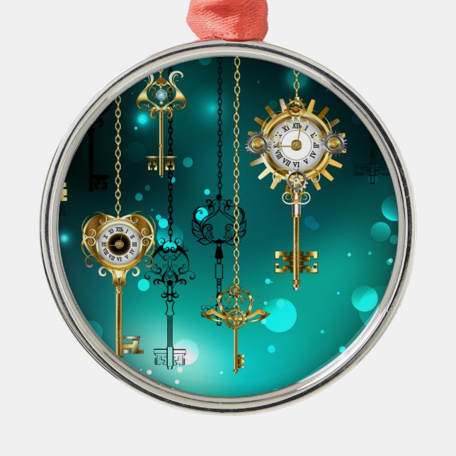 Antique Skeleton Keys on Green Background Metal Ornament (Front)