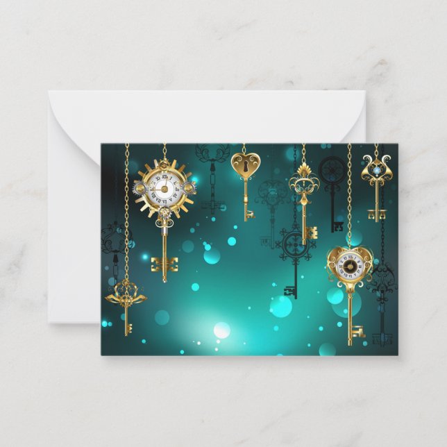 Antique Skeleton Keys on Green Background Note Card (Front)