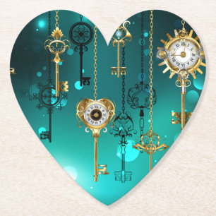 Antique Skeleton Keys on Green Background Paper Coaster