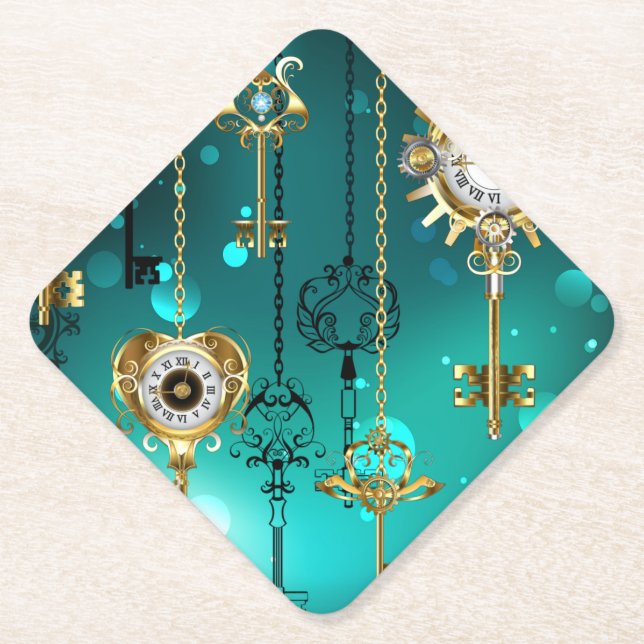 Antique Skeleton Keys on Green Background Paper Coaster (Front)