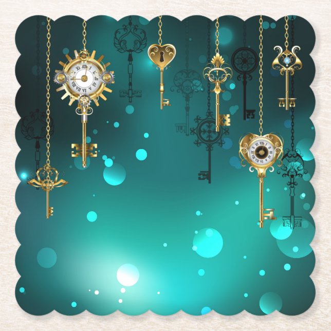 Antique Skeleton Keys on Green Background Paper Coaster (Front)