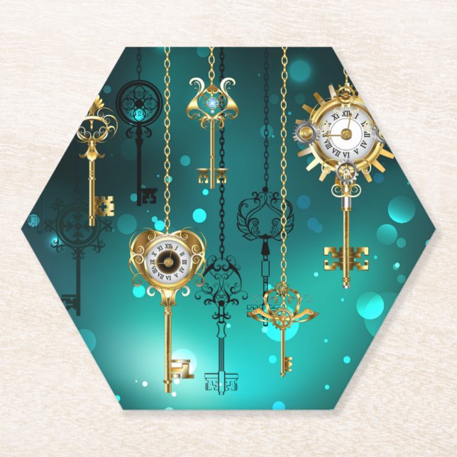 Antique Skeleton Keys on Green Background Paper Coaster (Front)