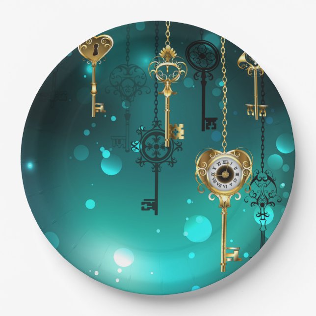 Antique Skeleton Keys on Green Background Paper Plates (Front)