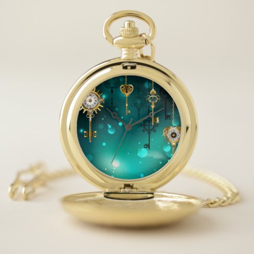 Antique Skeleton Keys on Green Background Pocket Watch