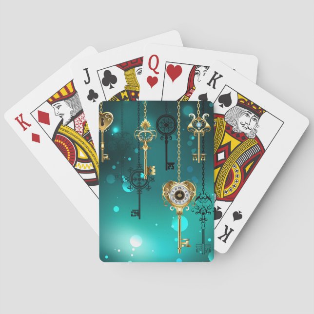 Antique Skeleton Keys on Green Background Poker Cards (Back)
