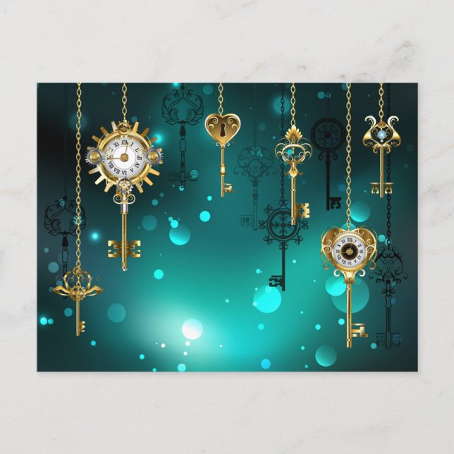 Antique Skeleton Keys on Green Background Postcard (Front)