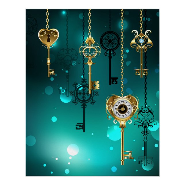 Antique Skeleton Keys on Green Background Poster (Front)