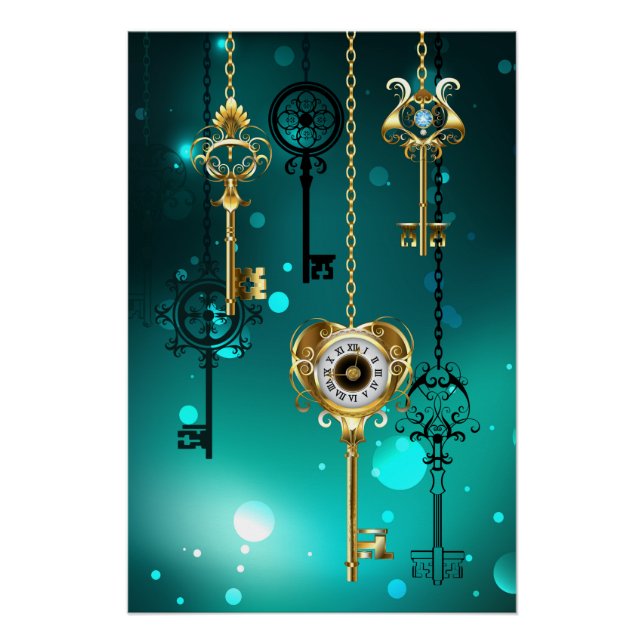 Antique Skeleton Keys on Green Background Poster (Front)