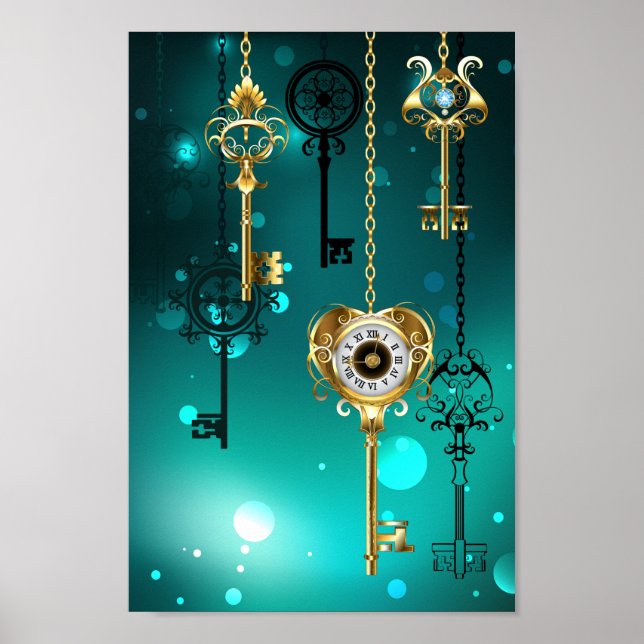 Antique Skeleton Keys on Green Background Poster (Front)