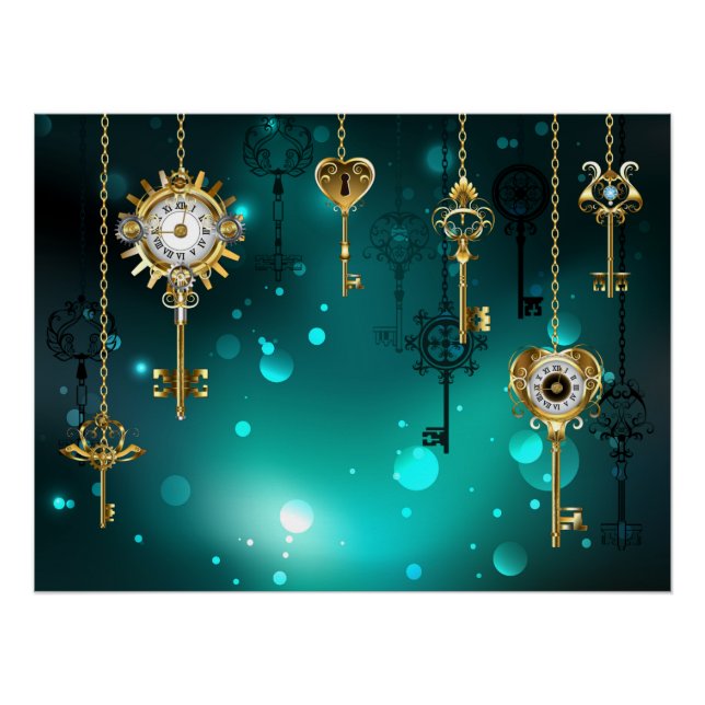 Antique Skeleton Keys on Green Background Poster (Front)