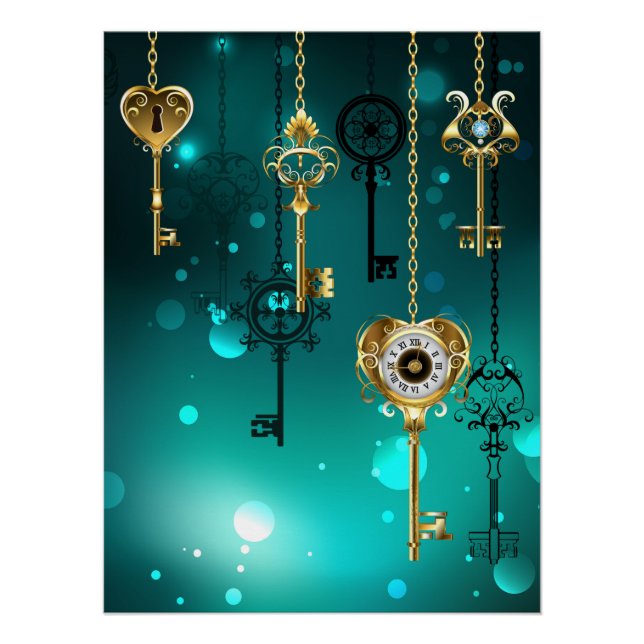 Antique Skeleton Keys on Green Background Poster (Front)