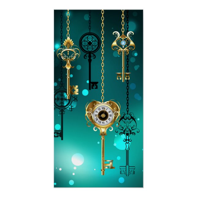 Antique Skeleton Keys on Green Background Poster (Front)