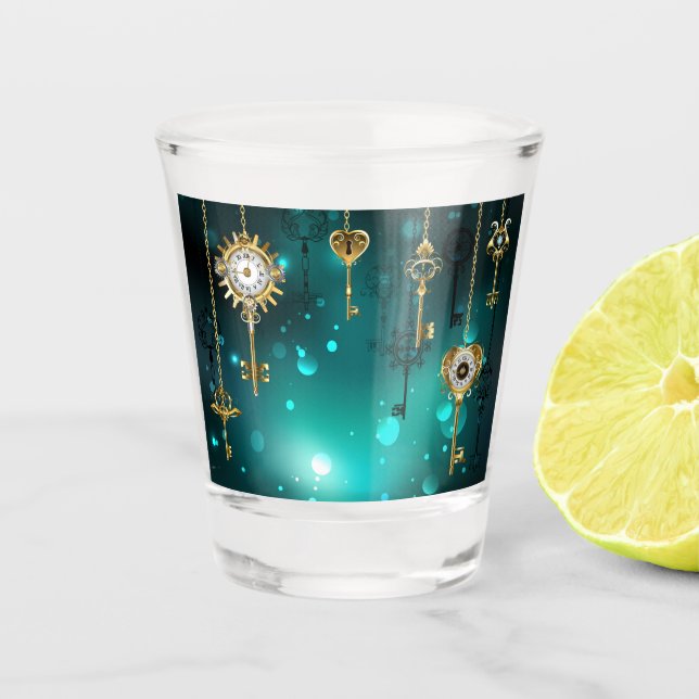 Antique Skeleton Keys on Green Background Shot Glass (Front)