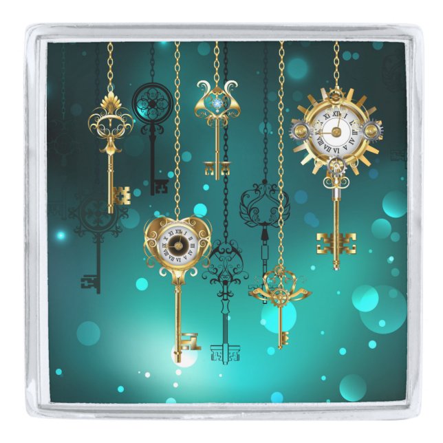 Antique Skeleton Keys on Green Background Silver Finish Lapel Pin (Front)