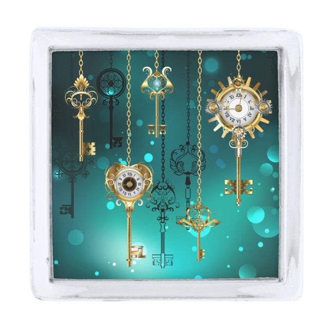 Antique Skeleton Keys on Green Background Silver Finish Lapel Pin (Front)