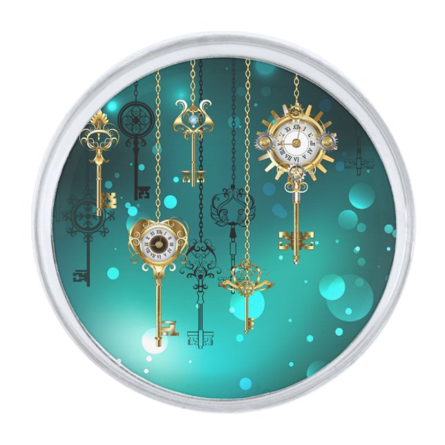 Antique Skeleton Keys on Green Background Silver Finish Lapel Pin (Front)