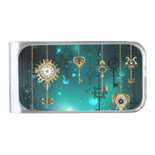 Antique Skeleton Keys on Green Background Silver Finish Money Clip