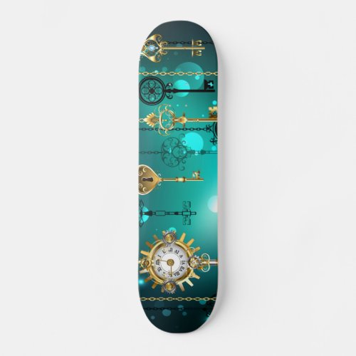 Antique Skeleton Keys on Green Background Skateboard