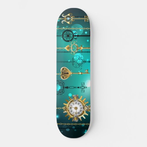 Antique Skeleton Keys on Green Background Skateboard