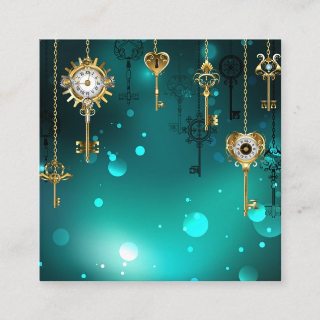 Antique Skeleton Keys on Green Background Square Business Card (Front)