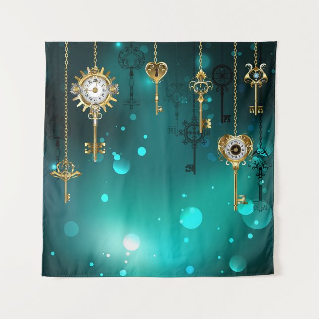 Antique Skeleton Keys on Green Background Tapestry (Front)