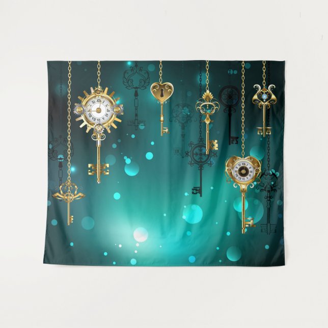 Antique Skeleton Keys on Green Background Tapestry (Front (Horizontal))