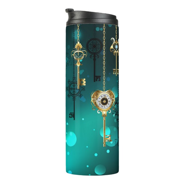 Antique Skeleton Keys on Green Background Thermal Tumbler (Rotated Right)