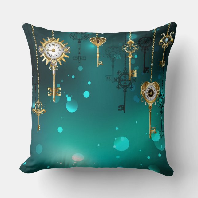 Antique Skeleton Keys on Green Background Throw Pillow (Front)