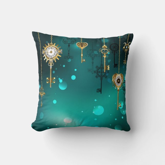 Antique Skeleton Keys on Green Background Throw Pillow (Front)