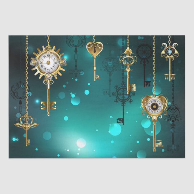 Antique Skeleton Keys on Green Background Tissue Paper (Front)