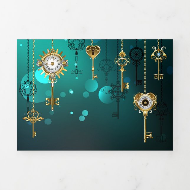 Antique Skeleton Keys on Green Background Tri-Fold Announcement (Cover)
