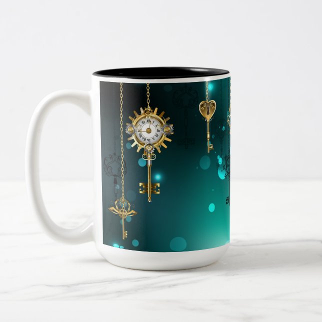Antique Skeleton Keys on Green Background Two-Tone Coffee Mug (Left)