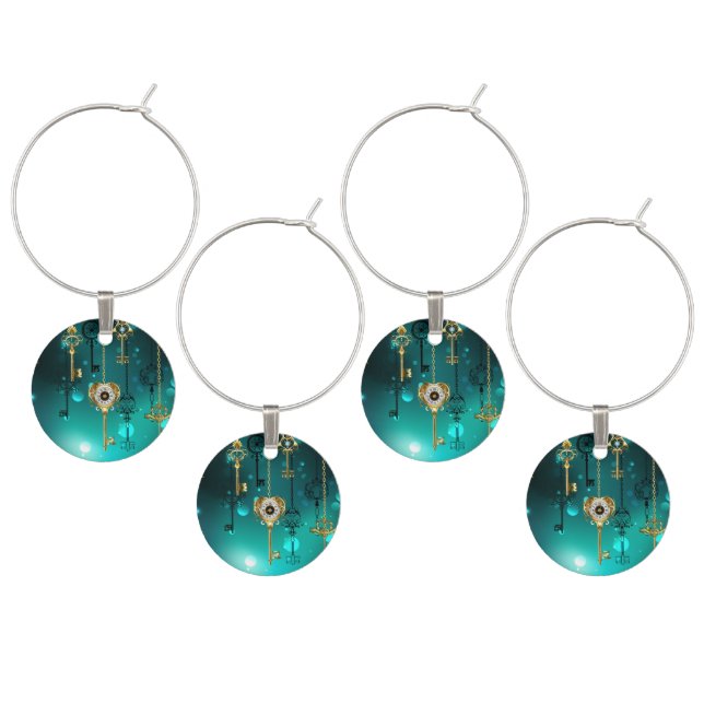 Antique Skeleton Keys on Green Background Wine Charm (Staggered)