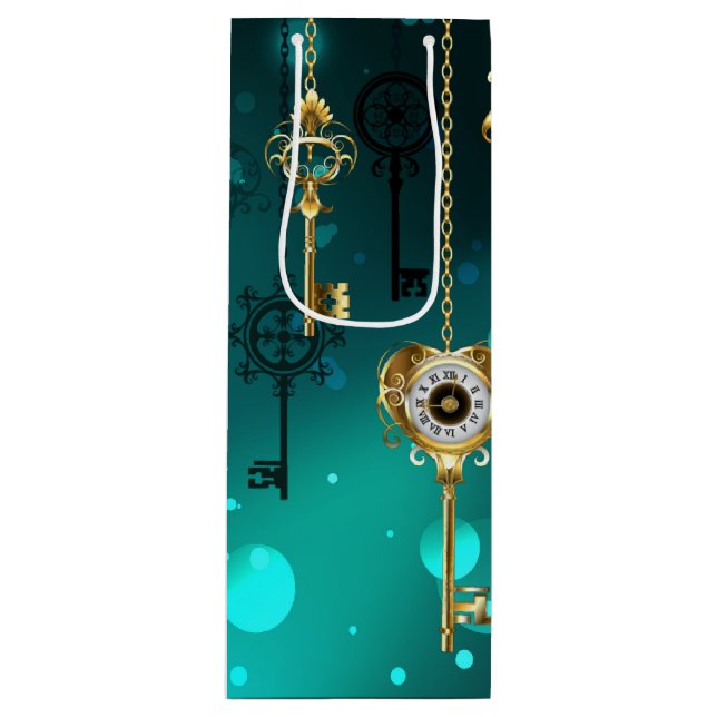 Antique Skeleton Keys on Green Background Wine Gift Bag (Front)