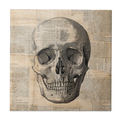 Antique Skull Illustration Vintage Art News Print Ceramic Tile