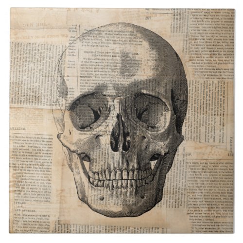 Antique Skull Illustration Vintage Art News Print Ceramic Tile