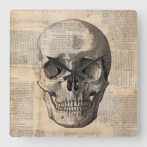 Antique Skull Illustration Vintage Art News Print Square Wall Clock