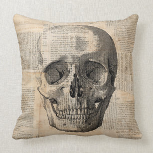 Antique Skull Illustration Vintage Art News Print Throw Pillow
